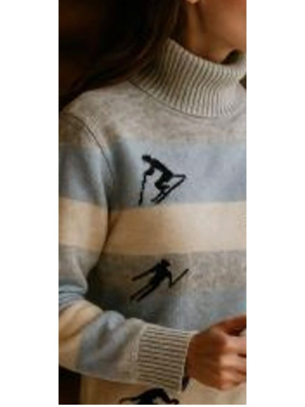 Ski Pattern Turtleneck Sweater By CeCe Medium Blue & White Striped Wool Blend - Picture 4 of 13